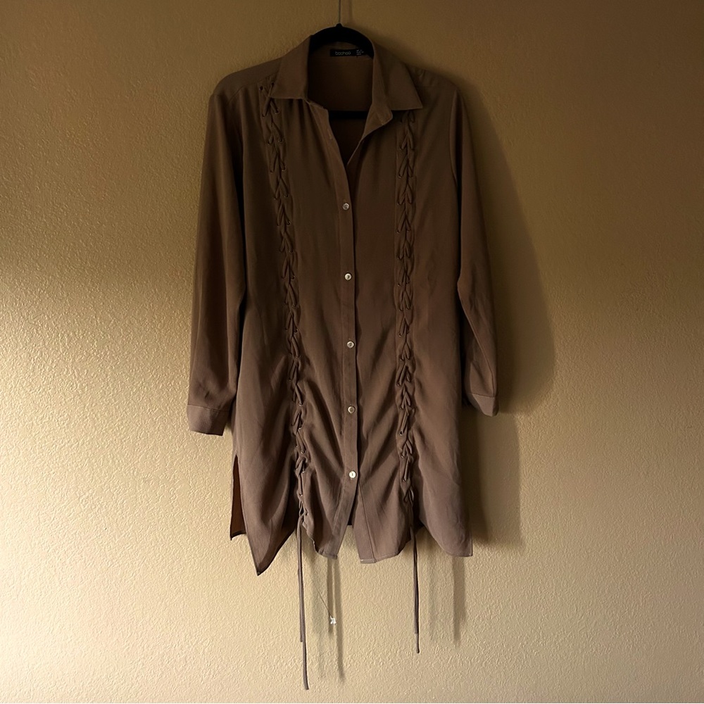 boohoo Tan Lace Up Shirt Dress - US Size 6